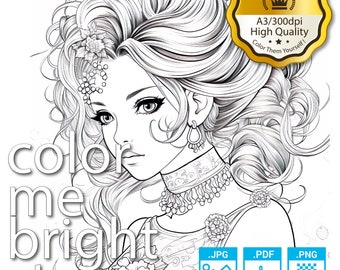 Premium Coloring Page | Printable Adult Women Coloring Pages Book Instant Download Grayscale & Colors Illustration High Quality PDF JPG PNG