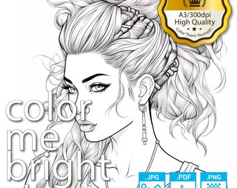 Premium Coloring Page | Printable Adult Women Coloring Pages Book Instant Download Grayscale & Colors Illustration High Quality PDF JPG PNG