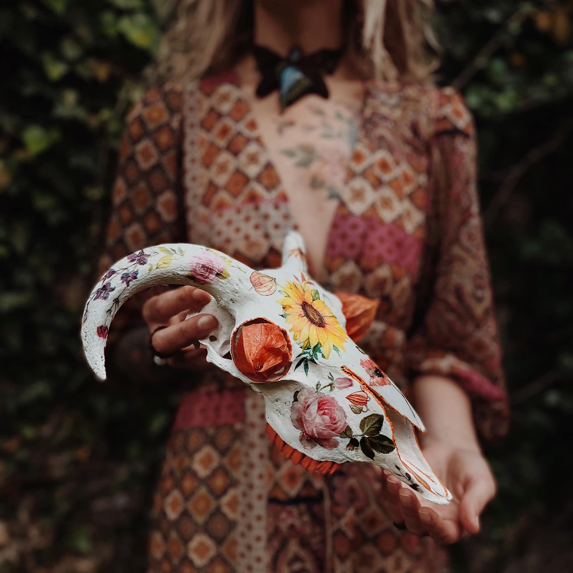 Real Ram Skull With Physalis and Flowers - Etsy