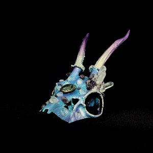 Small deer skull with Paua Shell, quartz crystal cluster, amethyst and opal.