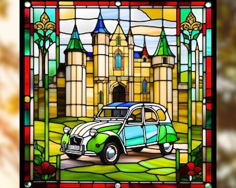 Citroën 2cv auto glas-in-lood raam