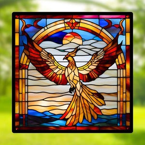 Vitrail Le Phénix – Décoration de Vitre Inspirée de la Mythologie – Cadeau Original pour Passionnés de Créatures Légendaires
