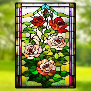 Cespuglio di rose in vetro colorato 148x210 mm – Fiore romantico – Decorazione floreale per finestre – Regalo d'arte floreale