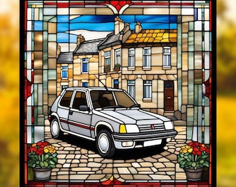 Vidriera de un Peugeot 205 – Decoración retro para ventanas – Regalo de coche clásico