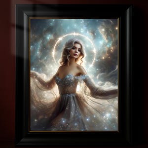 Himmlische Göttin Wandkunst, Mondlicht Fantasy Königin Druck, Sternenhimmel Wohnkultur, göttlich weibliches Poster, Geschenk digitaler Download