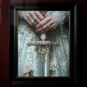 Viktorianisches Kunst Schwert, druckbare Kunst, dunkle launische Wandkunst, Frauen im Spitzenkleid, perfekt für Antiquitätenliebhaber