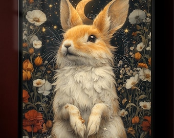 Moonlit Rabbit Poster, Celestial Bunny Wall Art, Cottagecore Animal Artwork, Mystical Hare Decor, Enchanted Forest Rabbit Portrait