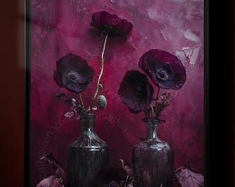 Gothic Poppies Wall Poster, Deep Burgandy and Purple Hues, Dark Fantasy Foral Prints Wall Decor,