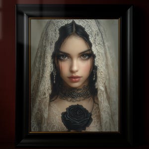 Frau im Spitzenschleier druckbare Kunst, Dark Academia Wanddekor, gotische viktorianische Ästhetik, schwarze Rose Porträt, launische druckbare Kunst