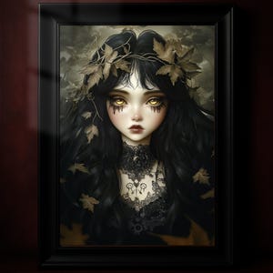 Gothic Doll Art Print: Dark Academia Black & Gold Decor