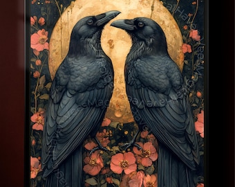 Gotiska Ravens-affisch, Dark Academia-väggkonst, Art Nouveau-kråkatryck, stämningsfull Cottagecore-dekor, Whimsigoth-fågelkonstverk
