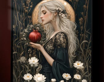 Persephone-godinposter | Fantasie vrouw muurkunst | Gotische bloemenprint | Dark Academia-decor | Mythisch granaatappelkunstwerk