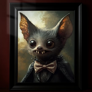 Vampire Bat Art Print, Cute Gothic Bat Poster, Halloween Wall Decor, Dark Academia Animal Art, Spooky Bat Portrait