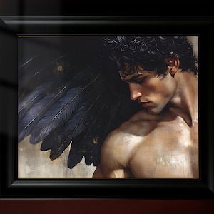 Fallen Angel Poster - Nahaufnahme eines dunklen Engels mit schwarzen Flügeln, Gothic Fantasy Wandkunst, stimmungsvolles ästhetisches Dekor