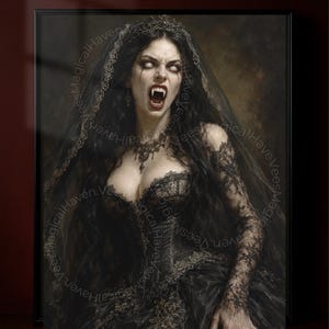 May include: A framed portrait featuring a figure with long dark hair, white eyes, and visible fangs, wearing a black lace corset dress, a matching veil, and a dark crown. The image includes a repeating watermark text reading HaveVeesMagicalHaven.