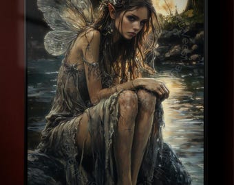 Gothic Fairy Wall Art Poster, Dark Fantasy Female Decor, Witchy Moonlight Artwork, Dark Academia Print, Mystical Forest Home Decor
