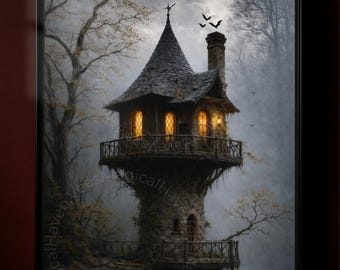 Gotisk skogstornskonst, kuslig fantasistugatryck, mörk sagoarkitektur, hemsökt skogsscen, fantasilandskapsväggkonst