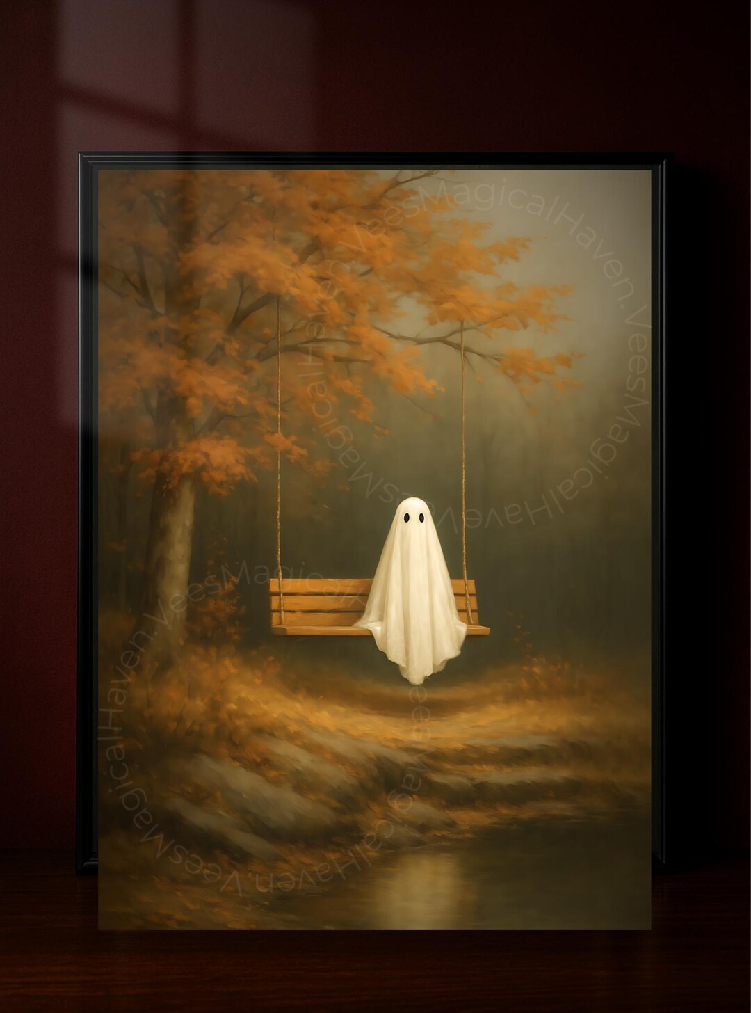 Ghost on Swing Poster | Cute Halloween Wall Art | Autumn Ghost Print ...