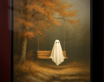 Ghost on Swing Poster | Cute Halloween Wall Art | Autumn Ghost Print | Cozy Gothic Fall Decor | Spooky Forest Aesthetic