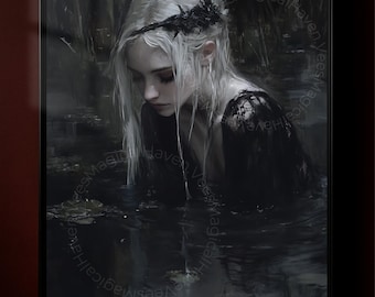 Water Nymph Art Print, Fantasy Pond Creature Poster, Serene Lilies Wall Decor, Enchanted Nymph Artwork