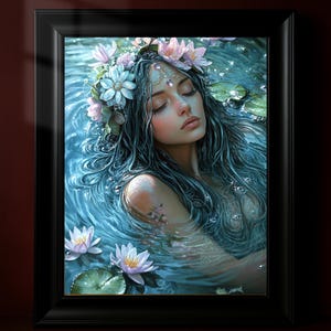 Lámina artística de Ninfa del Agua Serena, Póster de Fantasía de Lago de Ensueño, Decoración de Pared de Dormitorio Tranquilo, Obra de Arte de Espíritu Mágico de la Naturaleza