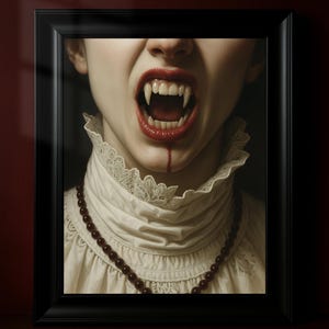 Gothic Vampire Fangs Poster – Dark Horror Art Print, Moody Vampire Wall Decor, Halloween Aesthetic Print, Creepy Gothic Artwork
