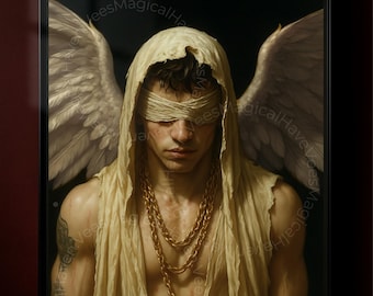 Blindfolded Angel Wall Art Print, Dark Fantasy Male Angel Poster, Gothic Surreal Mythology Decor