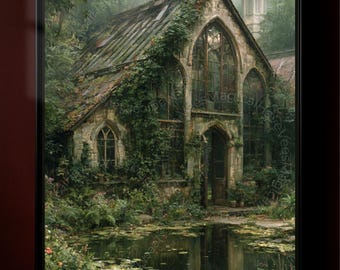 Cottagecore Glasshouse Wall Art, Enchanted Greenhouse Print, Botanical Garden Poster, Rustic Cottage Decor, Forest Conservatory