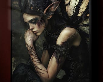Sinister Fae Poster, Dark Fantasy Fairy Wall Art, Gothic Elf Print with Tattered Wings, Witchy Forest Decor, Enchanted Aesthetic