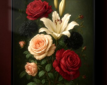 Gothic Floral Bouquet Digital Download | Vintage Botanical Wall Art | Dark Academia Flower Print | Roses and Lily Art Poster