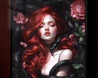 Póster de arte de pared melancólico, estampado de mujer y serpiente, decoración de Dark Academia, estampado gótico floral