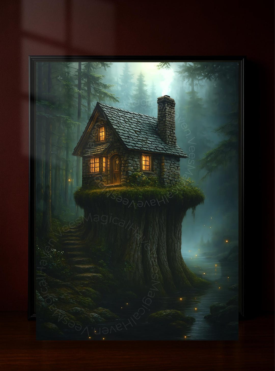 Enchanted Forest Cottage Wall Art, Fantasy House on Tree Stump Digital ...