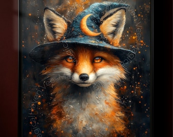 Witch Fox Art Print, Halloween Animal Wall Decor, Gothic Cottagecore Fantasy Poster, Mystical Moon Fox Illustration