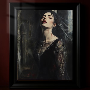 Vampire Queen Wall Art, Gothic Horror Portrait Print, Dark Academia Decor, Creepy Castle Oil Painting, Halloween Gift