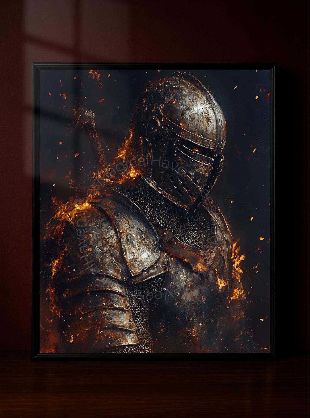 Burning Dark Knight Wall Art – Medieval Warrior in Armor Print, Fantasy ...