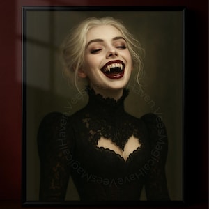 ヴァンパイアの女性の壁アート、ゴシックホラーの肖像画、ダークファンタジープリント、ハロウィンのヴァンパイアの装飾