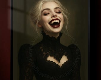 Vampire Woman Wall Art, Gothic Horror Portrait, Dark Fantasy Print, Halloween Vampire Decor