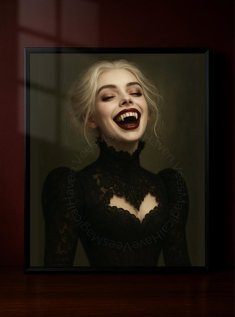 Vampire Woman Wall Art, Gothic Horror Portrait, Dark Fantasy Print, Halloween Vampire Decor image 1