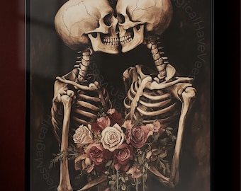 Gothic Skeleton Couple Poster, Dark Academia Skull Wall Art, Romantic Gothic Decor Print