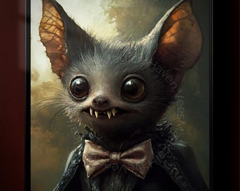 Vampire Bat Art Print, Cute Gothic Bat Poster, Halloween Wall Decor, Dark Academia Animal Art, Spooky Bat Portrait