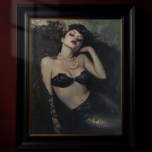 Vintage Mermaid Pinup Wall Art – Dark Fantasy Oil Style Print, Pearls & Ocean Decor for Gothic and Ethereal Homes