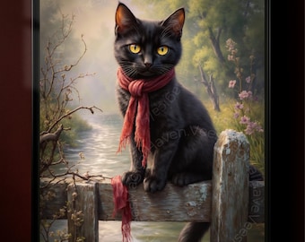 Póster de gato negro para pared / Estampado animal acogedor estilo cottagecore / Ilustración de gato de fantasía / Decoración rústica natural para el hogar / Arte de granja melancólico