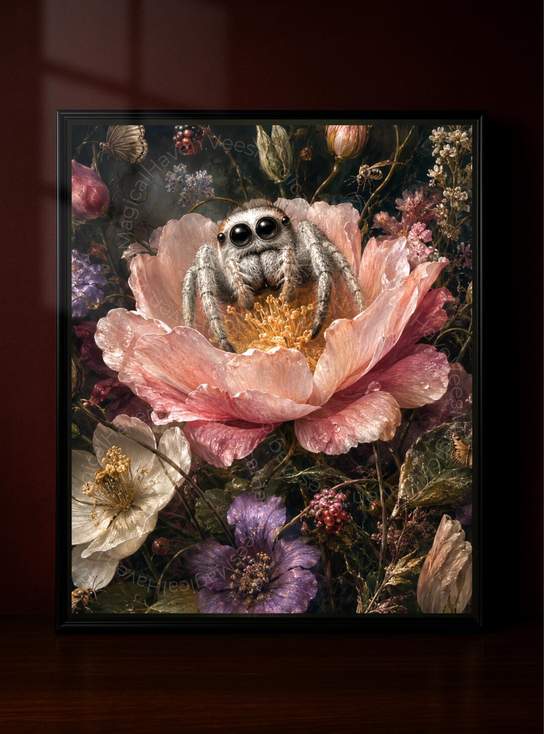 Cute Jumping Spider Wall Art, Floral Nature Print, Botanical