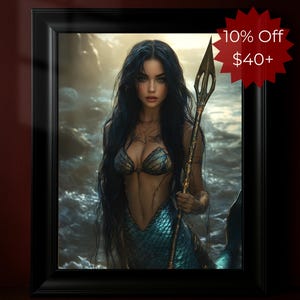 Póster de sirena de fantasía oscura, arte mural de sirena mítica, decoración oceánica de Mermaidcore, impresión de sirena gótica, estética de habitación de Dark Academia