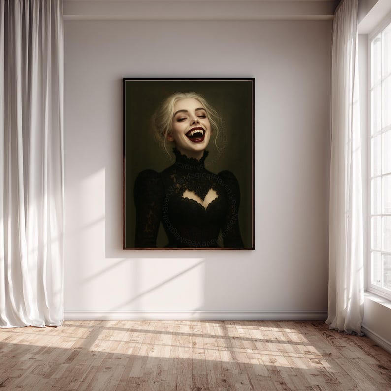 Vampire Woman Wall Art, Gothic Horror Portrait, Dark Fantasy Print, Halloween Vampire Decor image 9