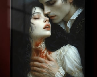 May include: A framed print depicts a romantic scene of a man and woman embracing. The woman, with dark hair and a white dress, has blood on her neck. The man, in a dark coat, is close to her. The artwork has a gothic theme.