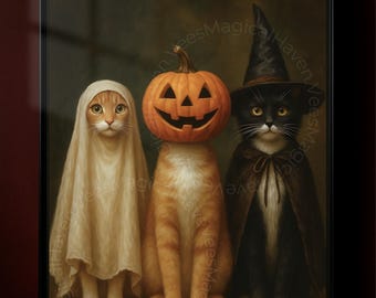 Halloween Cat Wall Art | Cute Cats in Costumes | Ghost Pumpkin Witch Digital Download