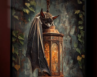 Dark Academia Bat Poster, Vintage Style Lantern, Dark Fantasy Aesthetic Decor, Gift for Horror and Gothic Lovers