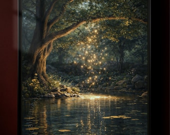 Póster de Bosque Encantado, Arte Mural de Bosque Mágico, Escena Nocturna de Bosque de Luciérnagas, Impresión de Arte de Naturaleza Fantástica