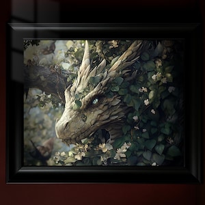 Stampa artistica di drago dei boschi, poster di creatura fantasy, decorazione da parete con drago della foresta verde, regalo di animale mitologico
